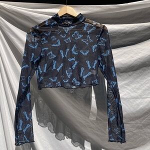 Romwe Black Sheer Shirt with Butterflies, Size Large